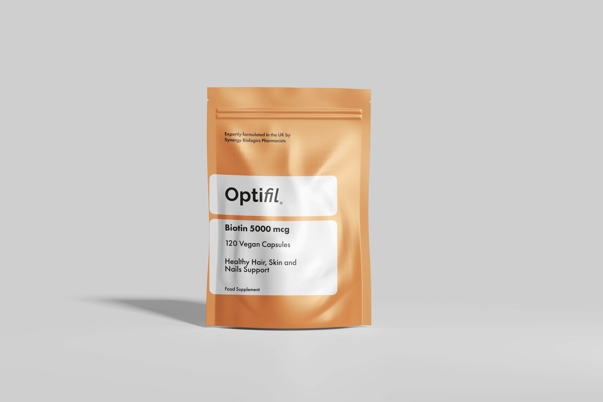 Optifil Biotin 5000 mcg Vegan Capsules for women's health, supporting healthy hair, skin and nails.