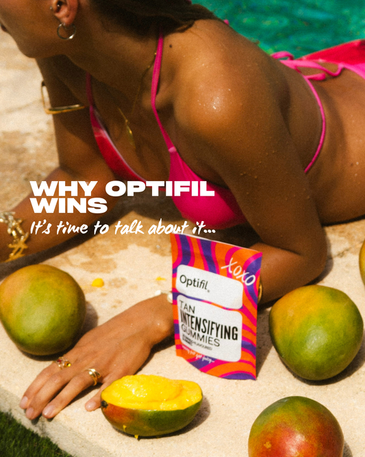 Models by the pool with Optufil tan intensifying gummies, and mangos around
