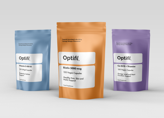 Optifil Beauty Bundle - Vitamin E 400IU 120 Softgel Caplsules for Protective Cellular Support - Bioting 5000 mcg 120 Vegan Campsules for Healthy Hair, Skin and Nail Support - Co-Q10 + Thiamine 120 Vegan Capsules for Energy Level and Heart Function Support