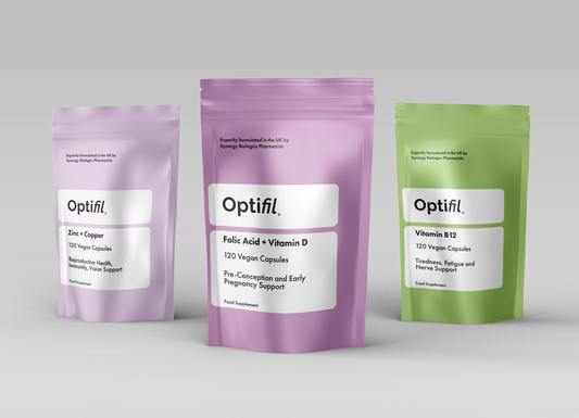 Optifil Conception Bundle - Zinc + Copper 120 Vegan Capsules for Reproductive Health, Immunity and Vission Support - Folic Acid + Vitamin D 120 Vegan Capsules for Pre-Conception and  Early Pregnancy Support - Vitamin B12 120 Vegan Capsules for Tiredness, Fatigue and Nerve Support