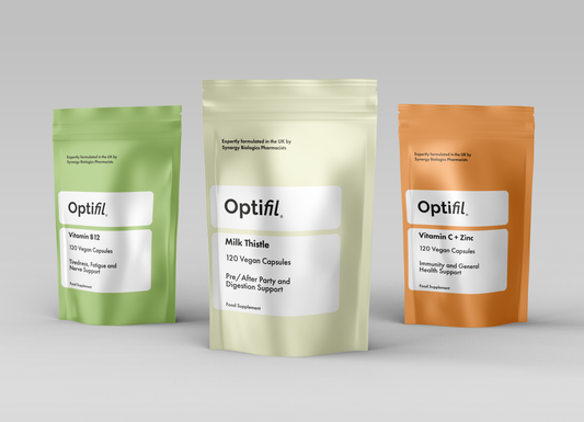 Optifil Part Bundle - Vitamin B12 120 Vegan Capsules for Tiredness, Fatigue and Nerve Support - Milk Thistle 120 Vegan Capsules for Pre/After Party and Digestive Support - Vitamin C + Zinc 120 Vegan Capsules for Immunity and General Health Support