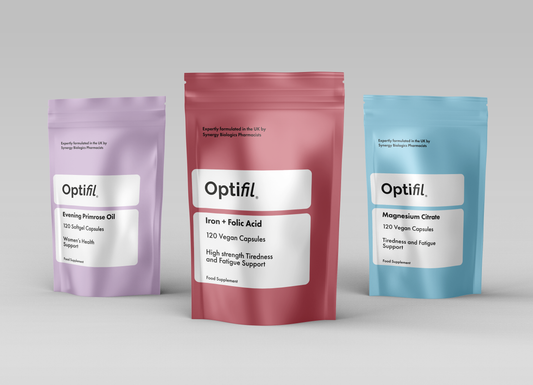 Optifil Period Bundle - Evening Primrose Oil 120 Softgel Capsules for Women's Health Support - Iron + Folic Acid 120 Vegan Capsules for High Strenth Tiredness and Fatigue Support - Magnesium Citrate 120 Vegan Capules for Tiredness and Fatigue Support