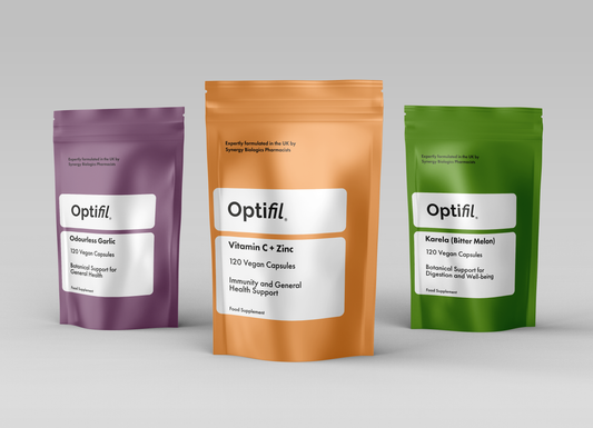 Optifil Slimming Bundle - Odourless Garlic 120 Began Capsules for Botanical Support for General Health - Vitamin C + Zinc 120 Vegan Capsules for Immunity and General Health Support - Karela (Bitter Melon) 120 Vegan Capsules Botanical Support for Digestion and Well-being