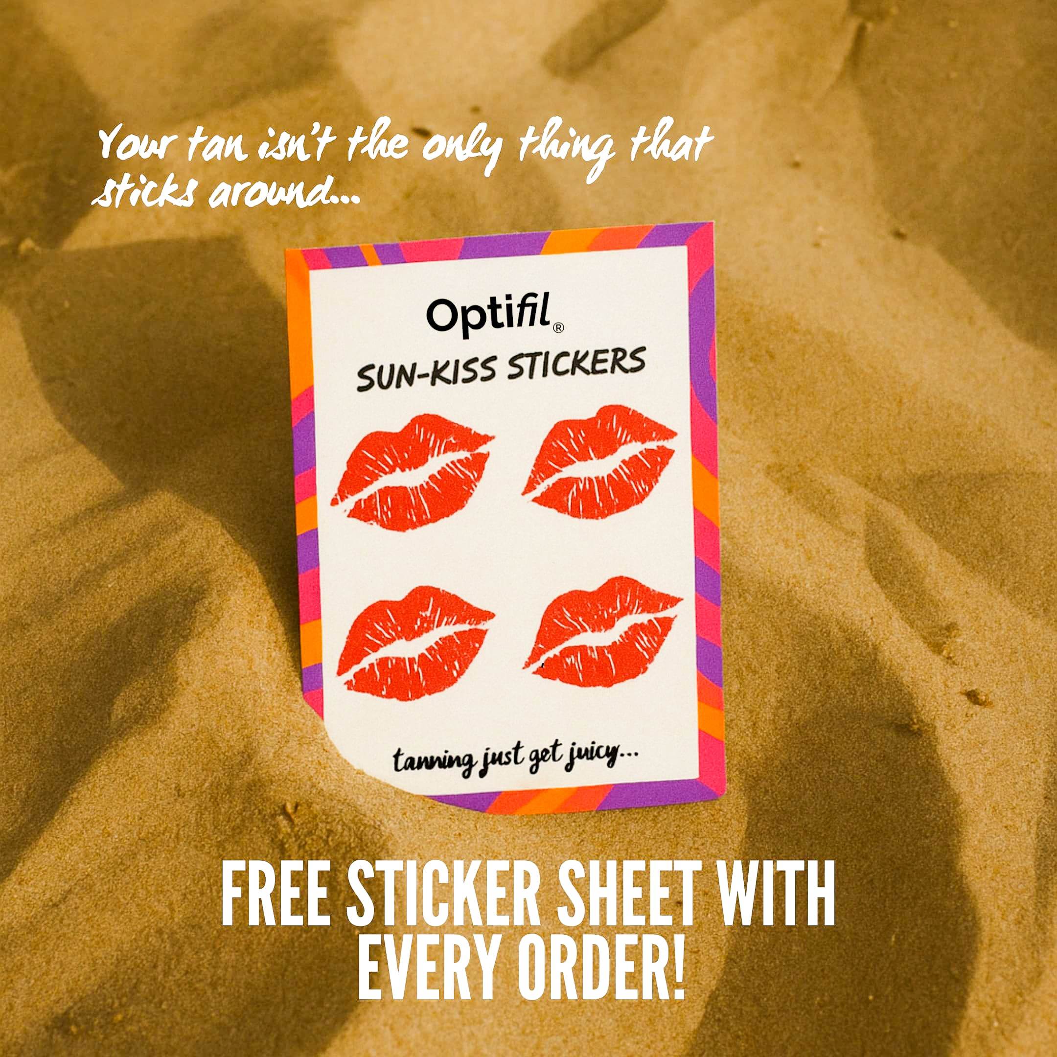 Optifil Tan Intensifying Mango Gummies Sticker on a beach - Viral Tan Gummies for skincare and beauty loves in the UK