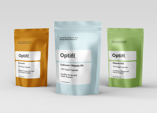 Optifil Vegan Bundle - Curcumin 120 Vegan Capsules for Botanical Support for Joing and Digestive Health,- Calcium + Vitamin D3 for Healthy Bones and Teeth Support - Vitamin B12 for Tiredness, Fatigue and Nerve Support