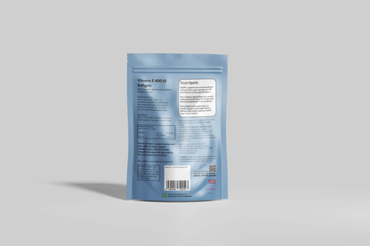 Back view of My Store Vitamin E 400 IU softgels pouch with nutritional information and barcode